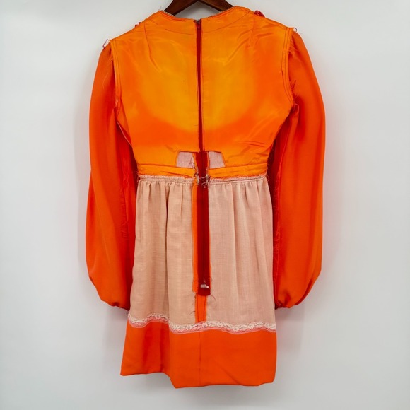 Vintage 60s Coral Highlighter Neon Babydoll Mini Dress Gold White Woven Trim - Picture 4 of 15